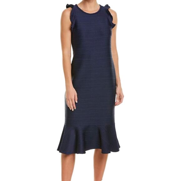 Shoshanna Navy Blue Ruffle Hem Sleeveless Ribbed Sheath Midi Dress size 6 - Picture 2 of 11